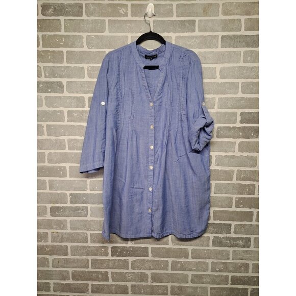 Club Z Collection Womens Blue Pleated‎ Wide Roll Tab Sleeve Button Tunic Size 1X - Picture 3 of 14